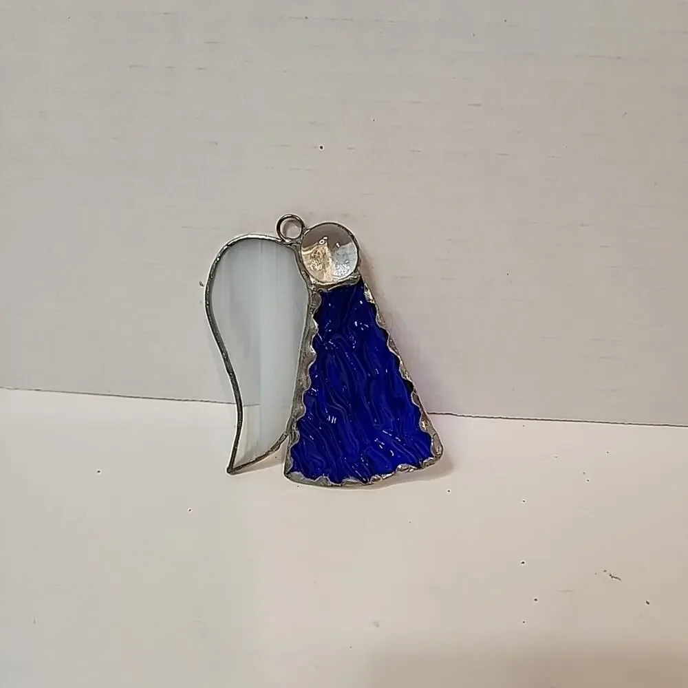 Stain Glass Angel Ornament Blue Textured Glass Body White Glass Wings 3.5”T